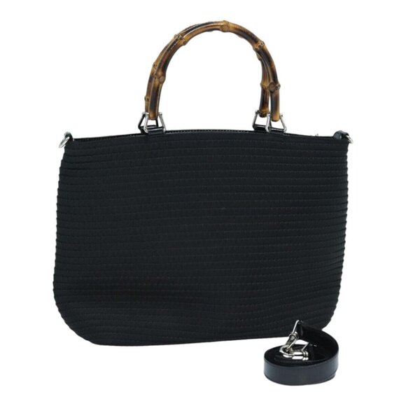 GUCCI Bamboo Hand Bag Canvas 2way Black Gold - Picture 1 of 15